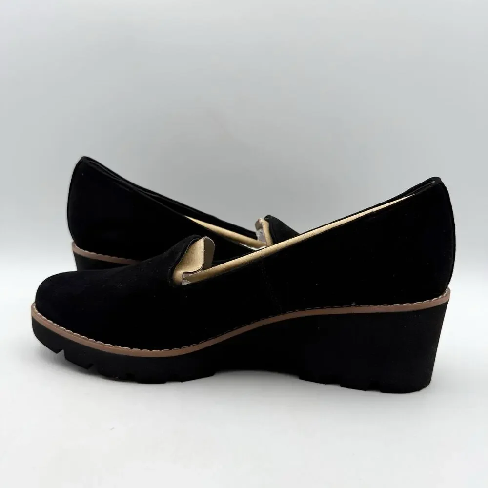 VIONIC Womens Willa Wedge Loafers US 9 EU 40 Black Suede Slip On EUC